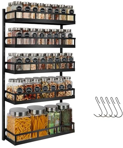 X-cosrack Wall Mount Spice Rack Organizer 5 Tier Height-Adjustable Hanging Spice Shelf Storage for Kitchen Pantry Cabinet, Dual-Use Seasoning Holder Rack with Hooks, Black-Patented