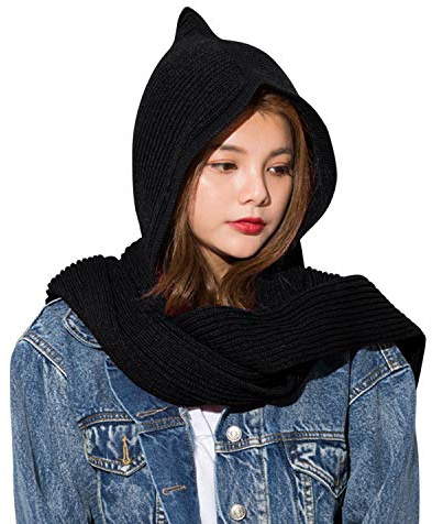 Petalum Écharpe Chapeau Femme Hiver Bonnet Cache-cou 2 en 1 Oreillette à Capuche Chaud Thermique Coupe-Vent Long Tricoté Capuchon Double Usage Parent-Enfant Women Scarf Hat Doux
