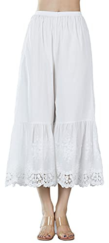 EAUTELICATE Capri Pantalon De Pyjama Femme Été Jupon sous-Jupe en 100% Coton Vintage Pantacourt Longue Ample Évasé à La Maison avec Dentelle Ivoire, XL