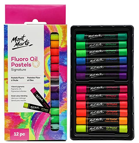 Mont Marte Ölpastellkreide Set – 12 Stück – Fluoreszierend – Weiche Ölkreide – Intensive Farben, hohe Pigmentierung – Ideal für Malerei und Zeichnungen