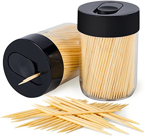 Urbanstrive Sturdy Safe Toothpick Holder with 800 Natural Wood Toothpicks for Teeth Cleaning, Unique Home Design Decoration, Unusual Gift, 2 Pack (Black)