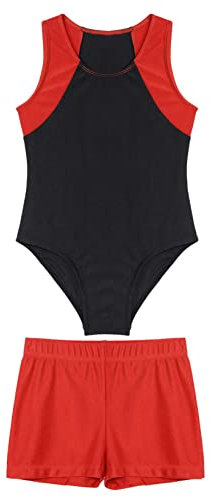 Aiihoo Kinder Jungen Turnanzug Sportlich Body mit Shorts Ärmellos Gymnastikanzug Tanzbody Fitness Yoga Trikot Sportbekleidung Rot 146-152