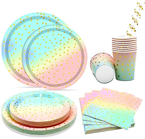 Feelhap Partygeschirr Set für 25 Gäste,125 Stück Partygeschirr Kindergeburtstag Regenbogen Party Set mit Papier Teller Tassen Servietten Strohhalme,Rosagold Geschirr Set (Tägliche Party Geschirr)