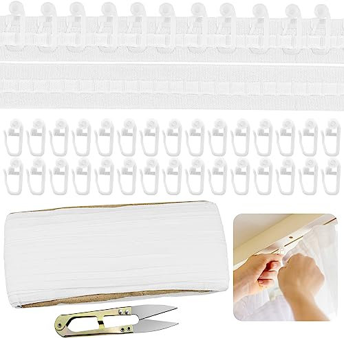 30m*2,5cm Gardinenband Kräuselband + 60 Stücke Vorhanghaken Gardinenband zum Aufnähen Geeignet Kräuselband Gardinen Faltenband Falten für Vorhängen, hängenden Tüchern Türvorhängen Duschvorhängen Weiß