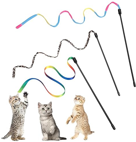 Amaxiu Cat Wand Toy Set, Interactive Cat Wand Toy with Rainbow Ribbon and Leopard Print Cloth Strings for Small Cats and Kittens - Indoor Training Catcher (3 Packs)