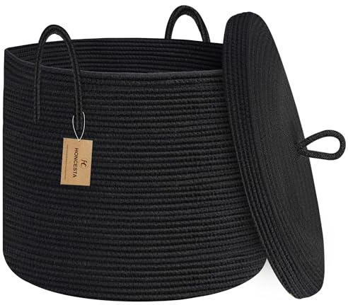HONCESTA Grand panier noir de 45,7 x 35,6 cm avec couvercle, panier de rangement en corde de coton pour couverture, jouet, oreiller, serviette, salon, chambre à coucher, panier en osier tissé avec