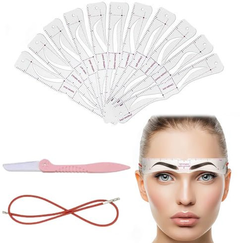 KGDUYC 1set Kit Stencil per Sopracciglia- 1 Pezzi Cinghie, Kit di timbri per sopracciglia con 12 Paia Modello di Sopracciglio Riutilizzabile,1Pezzi Rasoio per Sopracciglia per Strumento di Trucco