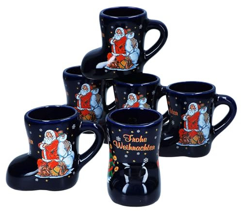 MamboCat 6er Set Glühweinstiefel dunkelblau mit Henkel I 200ml geeicht I Glühweinbecher mit Weihnachtsdekor & Schriftzug für 6 Personen I Keramik-Tasse für Tee, Eierlikör, Feuerzangenbowle