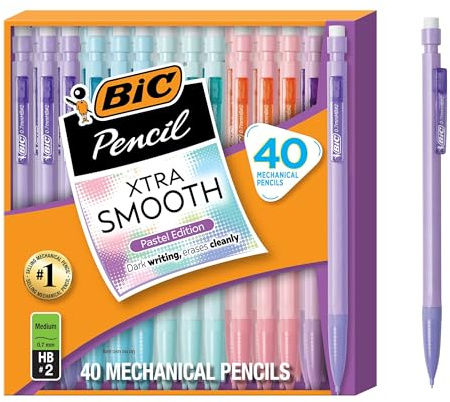 BIC Xtra-Smooth Pastel Mechanical Pencils with Erasers, Medium Point (0.7mm), 40-Count Pack, Bulk Mechanical Pencils for School or Office Supplies