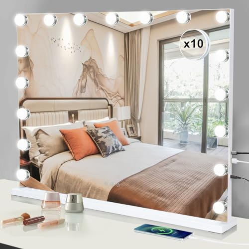 Buildonely Hollywood Sminkspegel 80x62 cm, Spegel met 17 Justerbara LED-lampor, 3 Ljusstyrkelägen, Intelligenta Minnefunktion, Touch Control, USB och Type C Laddare, Väggmontering, Vit