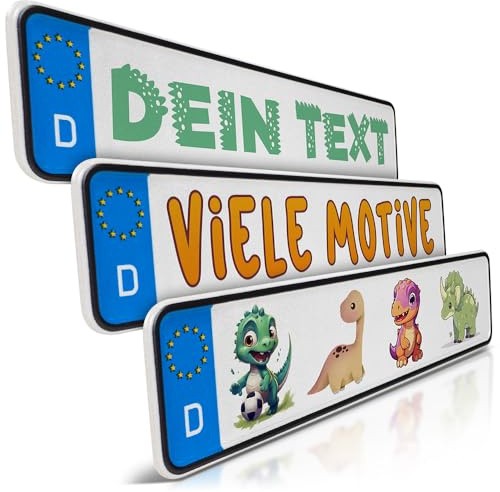 schildEVO 1 Mini Kfz-Kennzeichen | Dino Namensschild | Wunschtext zum Geburtstag | Aluminium | Fun-Kennzeichen Dinosaurier für Kinderauto | Kettcar | Tretauto | Gokart