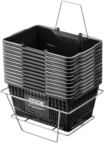 VEVOR Shopping Basket, Set of 12, 21L Durable Plastic Grocery Basket with Metal Handle and Stand, 16.73 x 12.01 x 8.58 inch Portable Shop Basket for Retail Store Supermarket Grocery Shopping, Black