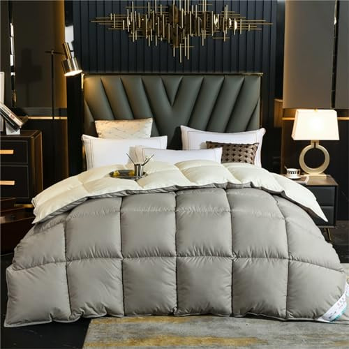 Edredón Nórdico De Plumas Edredón Cama Todas Estaciones, Relleno Pluma Y Plumón De Ganso Desde Latitudes Altas, Ligero Y Suave, 100% Algodón, Lavar A Maquina, 240x220cm (Gray+Cream,200*230 cm 4kg)