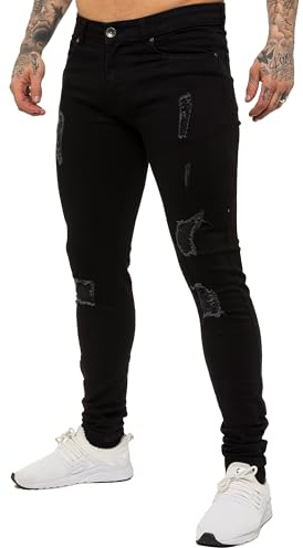 989Zé ENZO Jean pour Hommes Slim fit Extensibles Pantalons en Denim à Trou Jeans Trou Cassé Pantalons avec Fermeture EZ383 Noir 28W / 32L