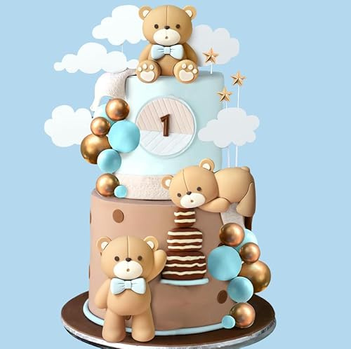 JeVenis Luxury Blue Bear Cake Decoration Blue Gold Balls Cake Topper Bears Cake Decoration Baby Shower Birthday Cake Decorations
