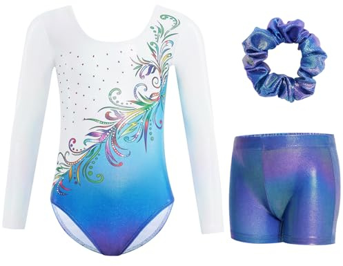 Gogokids Ensemble De Justaucorps de Gymnastique a Manches Longues Trois Pièces pour Filles - Tenues de Gymnastique pour Enfants avec Design a Sequins Dégradés, Unitards de Ballet pour 6-7 Ans