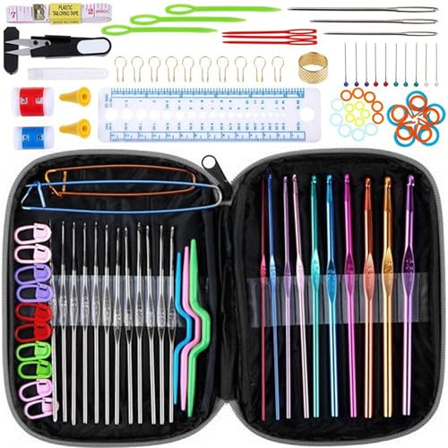 Retoo Juego de ganchillo para principiantes, juego de 100 piezas, agujas de tejer accesorios en diferentes tamaños y bolsa, multicolor ergonómico para tejer y agujas, ganchos de ganchillo,