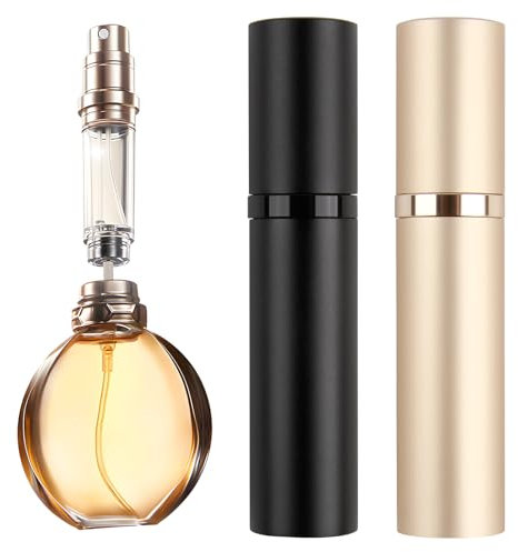 RJLLKD 2 Pack Perfume Atomiser Refillable, 5ml Portable and Refillable Travel Spray Bottles with Bottom Pump Leak Proof Mini Size Perfume Atomizer for Men and Women(Black and Champagne Gold)