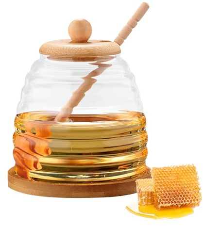 FOGARI Bicchiere da miele con cucchiaio da miele in legno, 500 ml, dispenser per miele, vaso per miele con coperchio, barattoli per miele con cucchiaio, bicchiere per miele con coperchio in legno