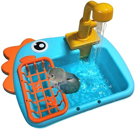 PRFOKEY Bird Bathing Tub with Automatic Watering Faucet - Parrot Shower Box for Cockatiels, Budgies, Lovebirds & Conures - Cage Mountable Accessory to Promote Natural Bathing