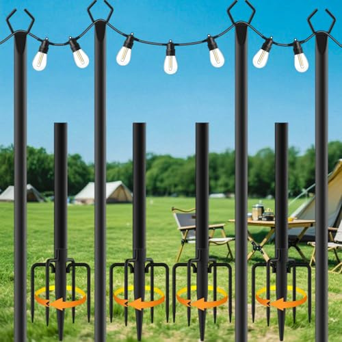 Orifesio 4 Piezas Postes de Luces de Cadena, Postes Metálicos de 3m para Luces de Cadena de Exterior, Soporte de Iluminación Resistente para Exteriores, Patios, Jardines, Fiestas y Decoración Navideña