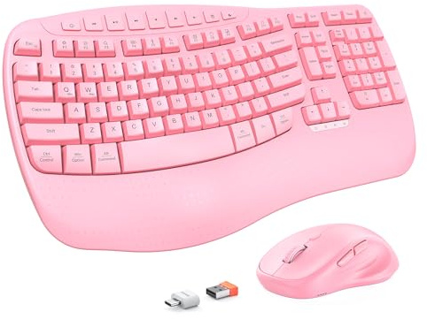 MEETION Ergonomic Keyboard and Mouse Wireless, Wave Keys Natural Typing, 2.4G Wireless Keyboard with Wrist Rest, 4 Adjustable DPIs Mouse, Computer/Laptop/Windows/Mac, Pink