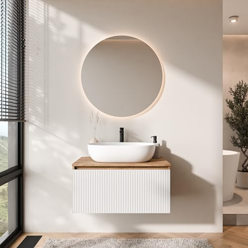Planetmöbel Arisa - Set di mobili da bagno con mobiletto, 80 cm, colore oro rovere bianco (scanalato) con specchio NOVA, lavandino da 60 cm, colore: Bianco