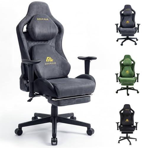 Asukale Gaming Stuhl Chair Gamer Sessel, Atmungsaktiver Bürostuhl Ergonomisch aus Wildlederimitat Stoff, Stufenlos Verstellbare Rückenlehne und Drehbarer Schreibtischstuhl mit Fußstütze, Grau