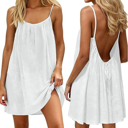 makabaky Robe d'Été Femme Dos Nu Caraco Courte Fluide Légère Bleu Clair | Ample,Manche courte,Tendance 2026,Confortable,Polyvalente,Décontractée,Quotidien,Loisir,Sortie,Mode,Plage,Vacances