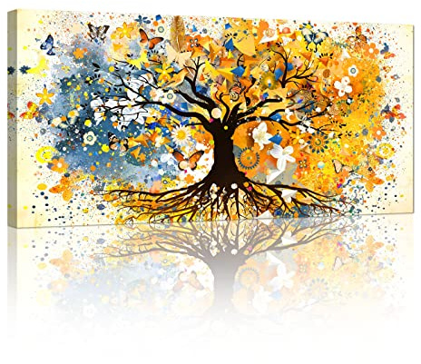 FajerminArt Large Framed Canvas Prints Colorful Tree of Life Canvas Wall Art Yellow Tree Abstract Paintings Pictures for Living Room Bedroom Home Wall Decoration Ready To Hang 20x40(50cmx100cm)