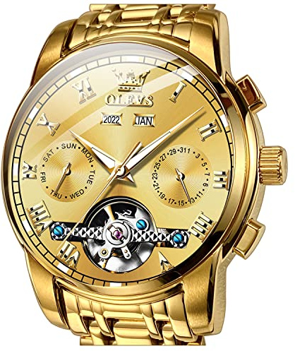 OLEVS Self Winding Gold Watches for Men Automatic Mechanical Tourbillon Stainless Steel Waterproof Luminous Luxury Dress Wrist Watches