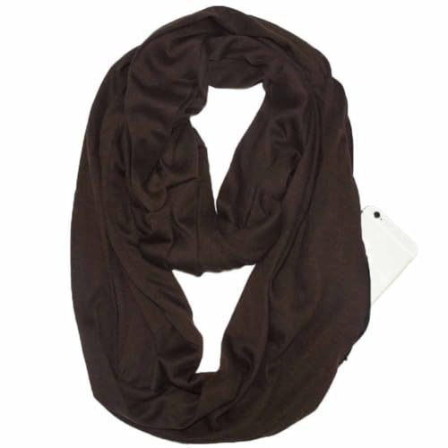 SHTGOI Écharpe infinie Écharpe unie avec poche zippée cachée Écharpe de voyage légère Écharpe infinie en cercle Écharpe en coton Bandanas Écharpe tubulaire douce pour femmes et filles Café