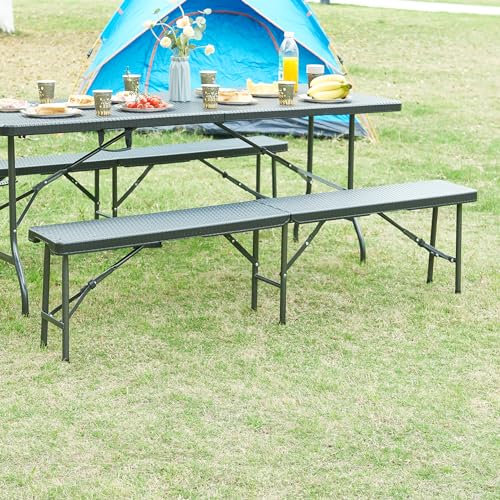 [en.casa] Klappbank-Set Mark 2-TLG. Gartenbank klappbar Campingbank 180 x 25 x 43 cm Rattanoptik Schwarz Outdoor Bank tragbar