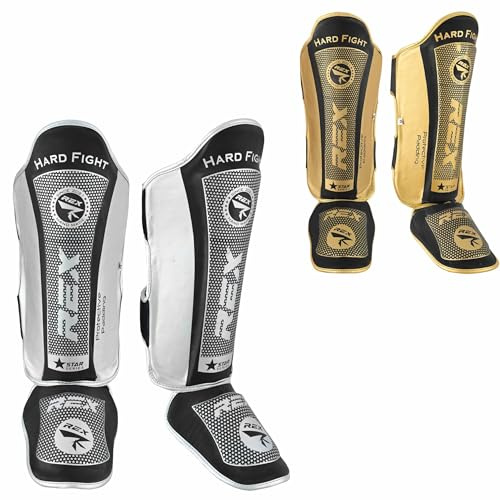 Rex Boxing Shin Guard Muay Thai Instep Leg Protector for Martial Arts, Kickboxing, BJJ, Karate, PU Leather reinforced MMA Shin Instep (Black/SILVER, XL)