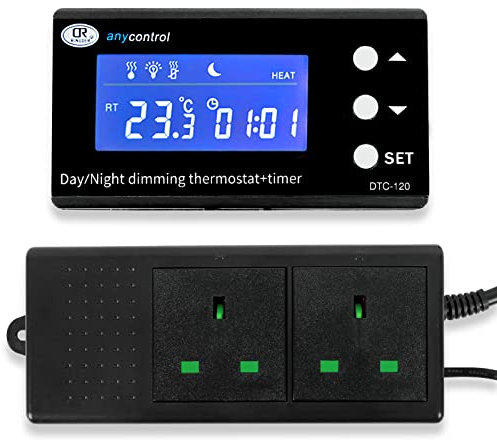 Digital Reptile Thermostat with LCD Display, Day/Night Dimming Thermostat for Reptile Tank, High Accuracy Temperature Control and Timer for Aquarium or Terrarium