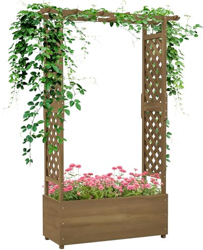 Outsunny Jardinière avec Treillis et Arche, bac à Fleurs avec Trou de Drainage et Doublure, lit de Jardin pour Plante grimpante, en Bois Massif, 112 x 41 x 180 cm, Marron