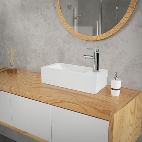 ML-Design Lavabo Blanco Rectangular 510 x 250 x 130 mm Lavamanos Angular de Cerámica sobre Encimera o de Pared con Agujero para Grifo a la Derecha, Pila Pequeña para Cuarto de Baño o Aseo