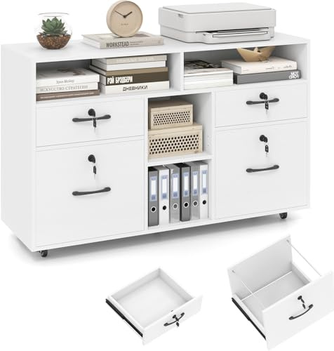 KOMFOTTEU Aktenschrank mit Rollen, Rollcontainer abschließbar mit 4 Schubladen, Bürowagen mit verstellbarem Regal, offenen Fächern, Büroschrank für Akten, Dokumente, 104 x 35 x 65,5 cm (Weiß)