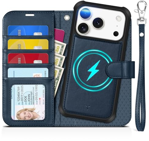 TUCCH Fodral för iPhone 17 Pro 2025, [avtagbar] 2-i-1, mörkblått | Avtagbart, magnetiskt flipfodral, trådlös laddning, rem, stativ, RFID-skydd, 4 kortfack, PU-läder