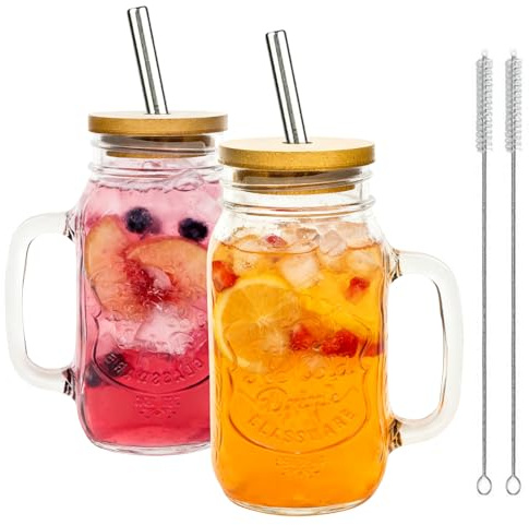 Mason Jars with Handles Set of 2, Tumblers With Straws and Bamboo Lids, 710ml Drinking Glass Cups, Travel Tumbler for Iced Coffee, Smoothie, Overnight Oats Containers