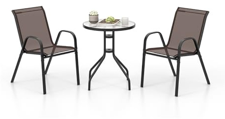 GOPLUS Bistro-set 3 delar, Ø 60 cm bistrobord med 2 stolar, stapelbar, balkongmöbler inkl. glasbord och biststolar, trädgårdsmöbler, balkongset, sittgrupp utomhus för trädgård, balkong, gård, balkong