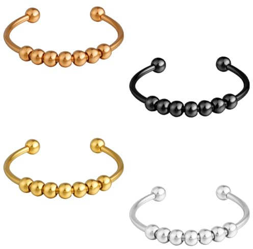 Ainiv Lot de 4 Bague Anti-Stress en Acier Inoxydable, Anneaux à Ouverture Ajustable, Bague Rotatifs à 7 Perles, Anneaux pour Femmes - Noir, Argent, Or et Or Rose