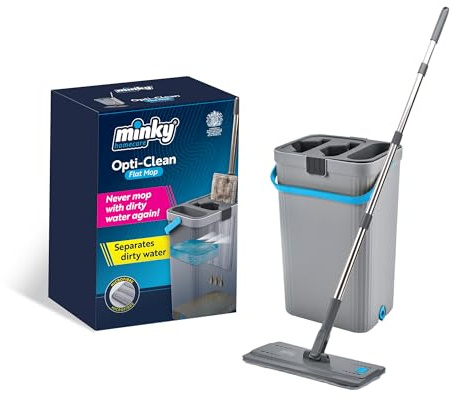Minky Opti-Clean Flat Mop, Dual Cavity 2L Bucket with Sturdy Handle, Reusable Powerful Microfibre Pad, Flat Mop and Buckets Sets, Machine Washable
