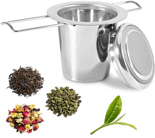 Infusore per Tè in Acciaio Inossidabile, 2 Pezzi Infusori the con Coperchio, Colino Tazz Tè, Filtri Tisanes, Design con Manico Pieghevole, Adatto per la Maggior Parte Delle Tazze da Tè, Ciotole da Tè
