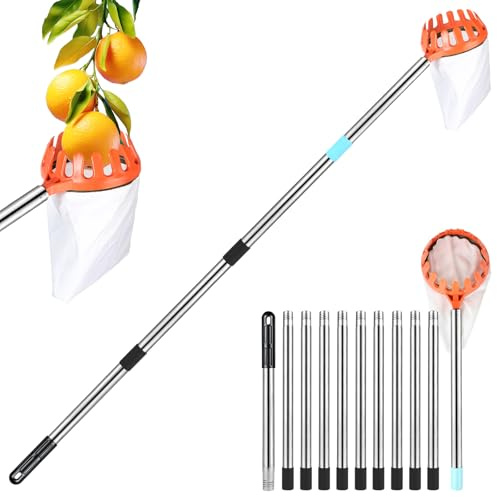 DBREAKS Raccogli Frutta, 4,2M Raccogli Mele con Manico Telescopico, Palo Leggero Raccogli Frutta, Cestino con Sacchetto di Cotone, Prugne, Raccoglitore di Ciliegie