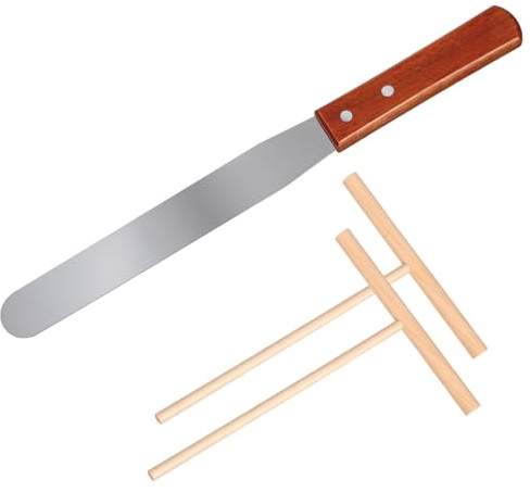 12'' Crepe Spreader and Spatula Kit 4.7'' T-Shaped Batter Spreaders Crepes Turner Sticks Pancake Tool Wood Handle Stainless Steel Spatula for Crepe Pan Maker