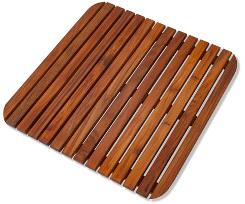 Nordic Style Teak Shower, Bath and Spa Mat | Indoor + Outdoor Use | Non-Slip Wood Platform | Spa, Sauna, Pool, Hot Tub | Luxury Decor (Oiled Finish, 19.6 x 19.6)
