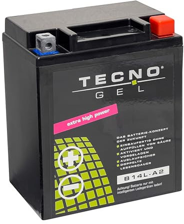 TECNO-GEL QUALITÄTS MOTORRAD BATTERIE für YB14L-A2, 12V Gel-Batterie 14Ah, 134x88x166 mm