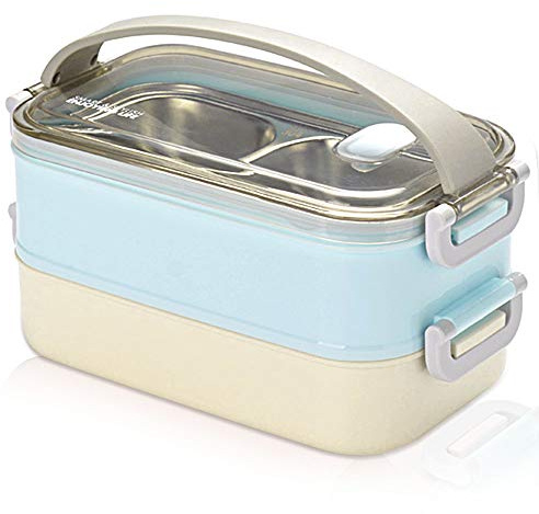 Gresunny lonchera de Acero Inoxidable 2 Capas Fiambrera hermetica térmicas Cajas bento Lunch Box térmicas a Prueba de Fugas contenedor portátil Alimentos para oficinas Colegio Picnic 1.6L Azul