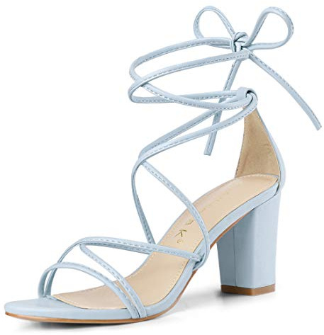 Allegra K Women's Strappy Lace Up Chunky Heeled Sky Blue Heels Sandals 7 M US